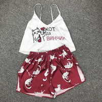 Women Print Pajamas Set Sexy Sleeveless Cute Cartoon Pyjamas Sleep Shorts Spaghetti Strap Lace Pijama Suit Sleepwear Homewear - east2cart.uk