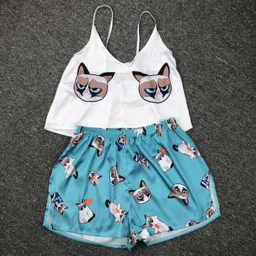 Women Print Pajamas Set Sexy Sleeveless Cute Cartoon Pyjamas Sleep Shorts Spaghetti Strap Lace Pijama Suit Sleepwear Homewear - east2cart.uk