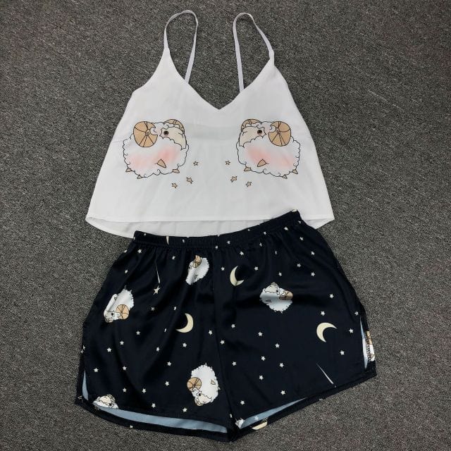 Women Print Pajamas Set Sexy Sleeveless Cute Cartoon Pyjamas Sleep Shorts Spaghetti Strap Lace Pijama Suit Sleepwear Homewear - east2cart.uk