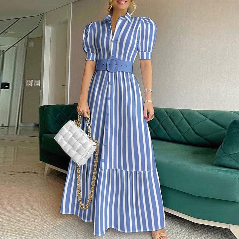 Summer Puff Shoulder Sexy Party Dress Spring Solid Button Long Shirt Dress Women Elegant Turn-down Collar Office Lady Maxi Dress - east2cart.uk