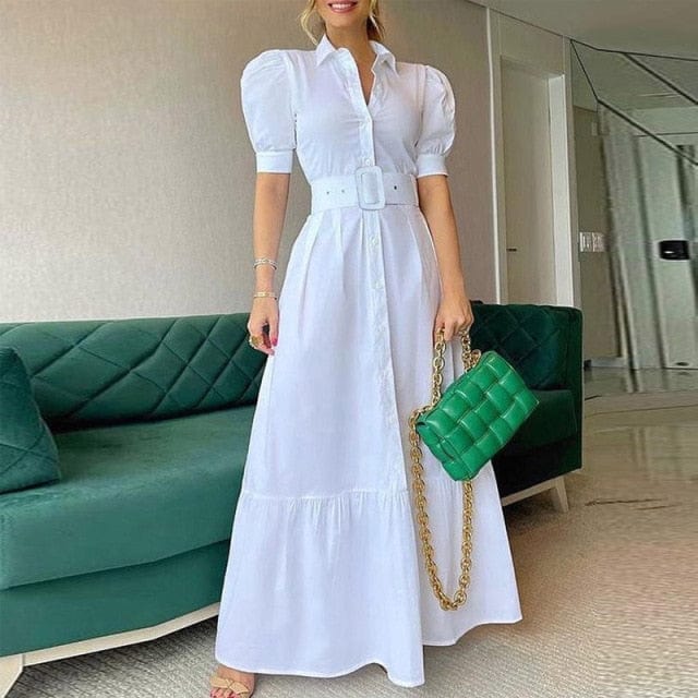 Summer Puff Shoulder Sexy Party Dress Spring Solid Button Long Shirt Dress Women Elegant Turn-down Collar Office Lady Maxi Dress - east2cart.uk