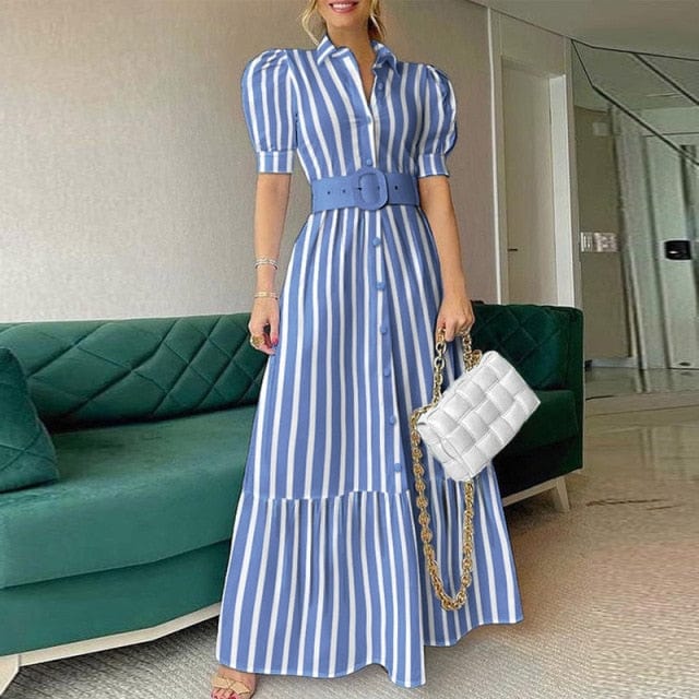 Summer Puff Shoulder Sexy Party Dress Spring Solid Button Long Shirt Dress Women Elegant Turn-down Collar Office Lady Maxi Dress - east2cart.uk