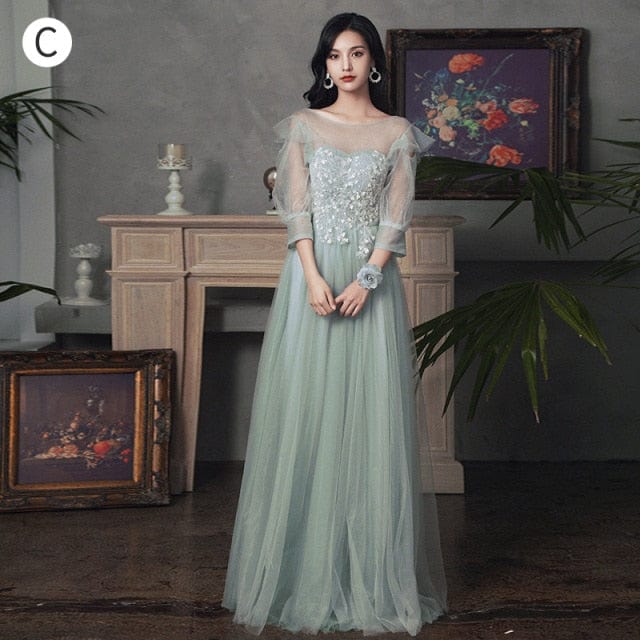 New sweat greydish green long lady girl women princess banquet bridesmaid performance dance ball dress gown free ship - east2cart.uk