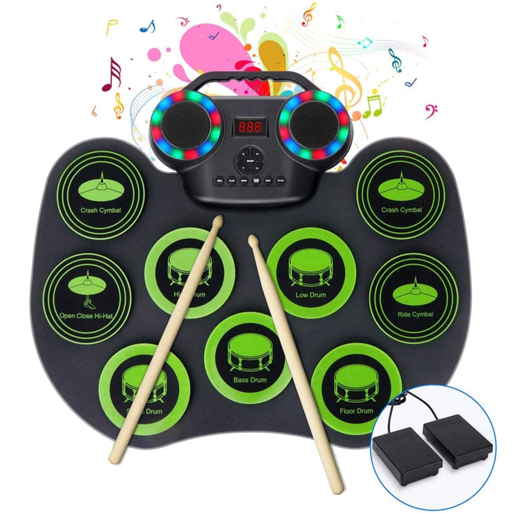 Roll-Up Drum Set Electronic Drum Kit Roll-Up Electronic Drum 9 Drum Pads Battery Powered with Drumsticks Foot Pedals - east2cart.uk