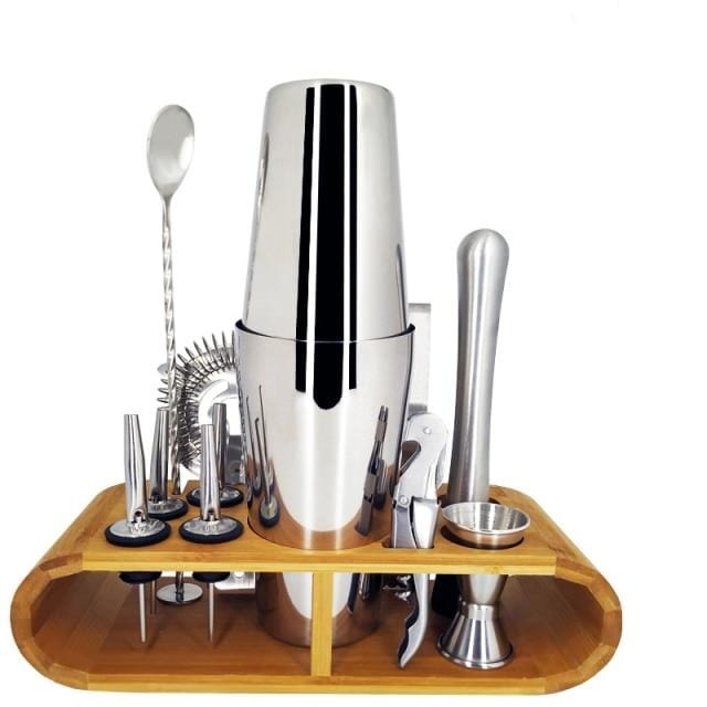 Stainless Steel Cocktail Shaker Set With Wooden Rack - east2cart.uk