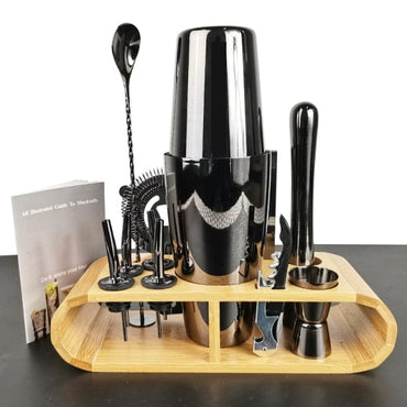 Stainless Steel Cocktail Shaker Set With Wooden Rack - east2cart.uk