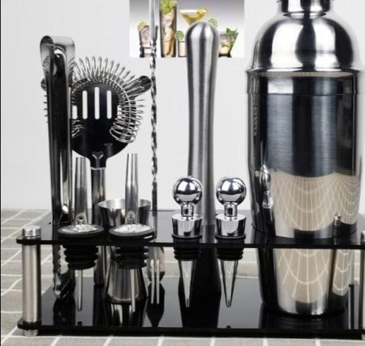 Stainless Steel Cocktail Shaker Set With Wooden Rack - east2cart.uk