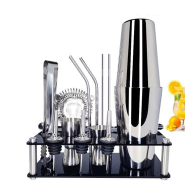 Stainless Steel Cocktail Shaker Set With Wooden Rack - east2cart.uk