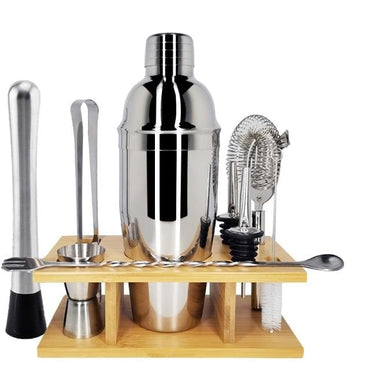 Stainless Steel Cocktail Shaker Set With Wooden Rack - east2cart.uk