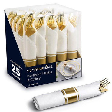 Pre-Rolled Napkin and Cutlery Set 25-Piece Disposable Silverware  Suitable for Catering Events  Parties and Weddings (Gold) - east2cart.uk