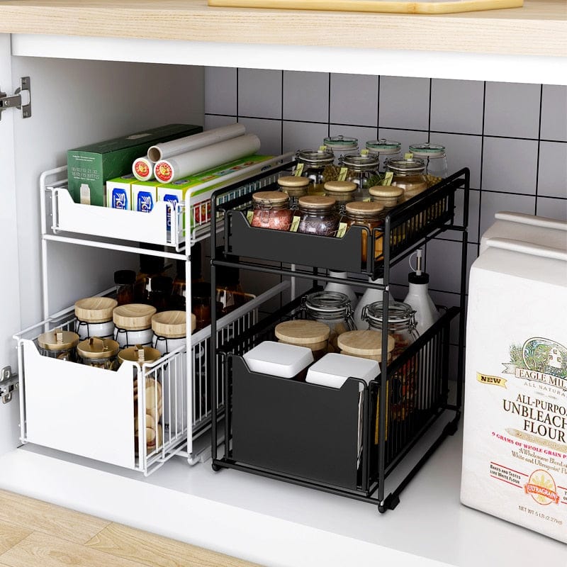 Under Sink Storage Rack 2 Tier Sliding Cabinet Basket Countertop Pull Out Organizer Drawer Spice Shelf in the Kitchen - east2cart.uk