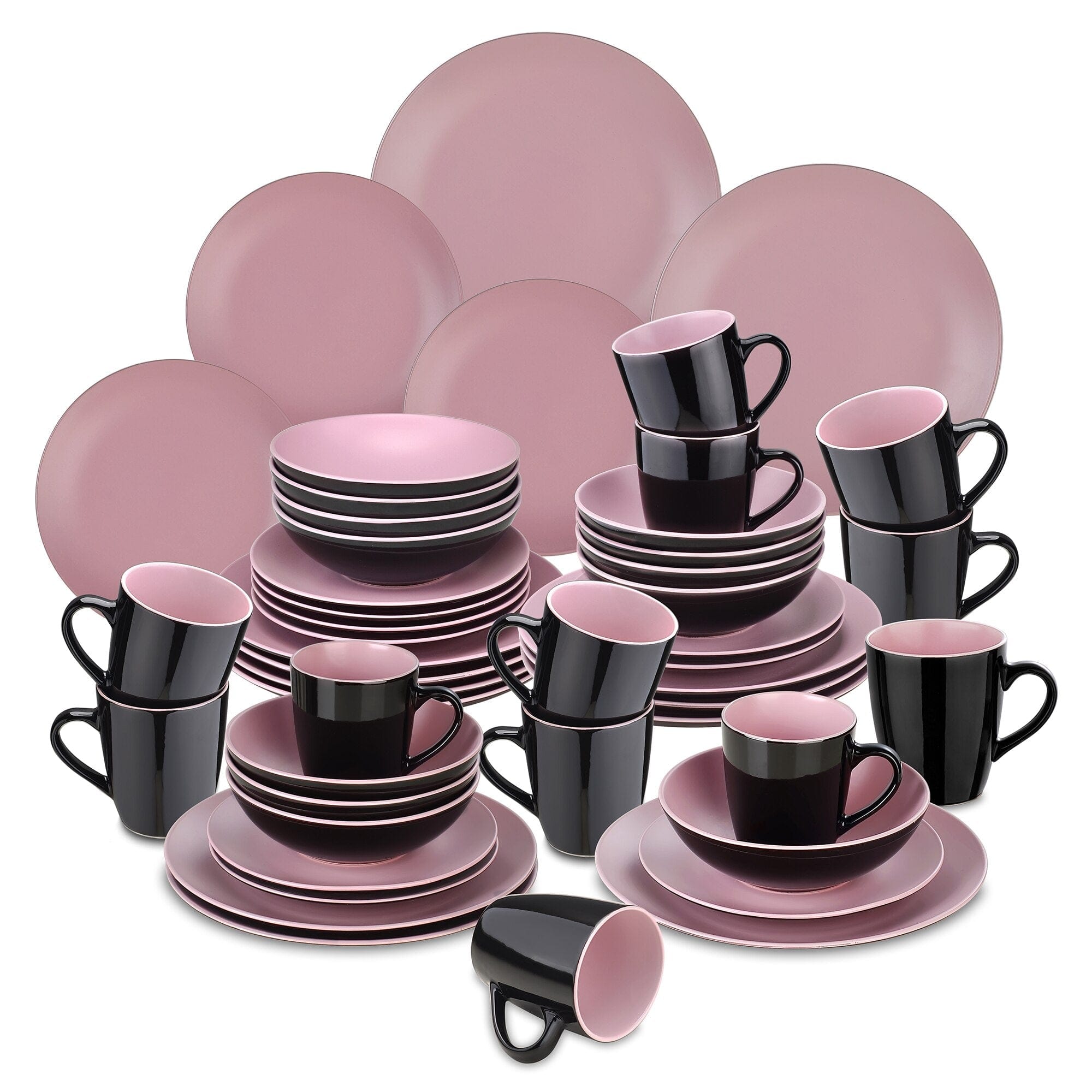 16/32/48-Piece Matte Black & Pink Crockery Set