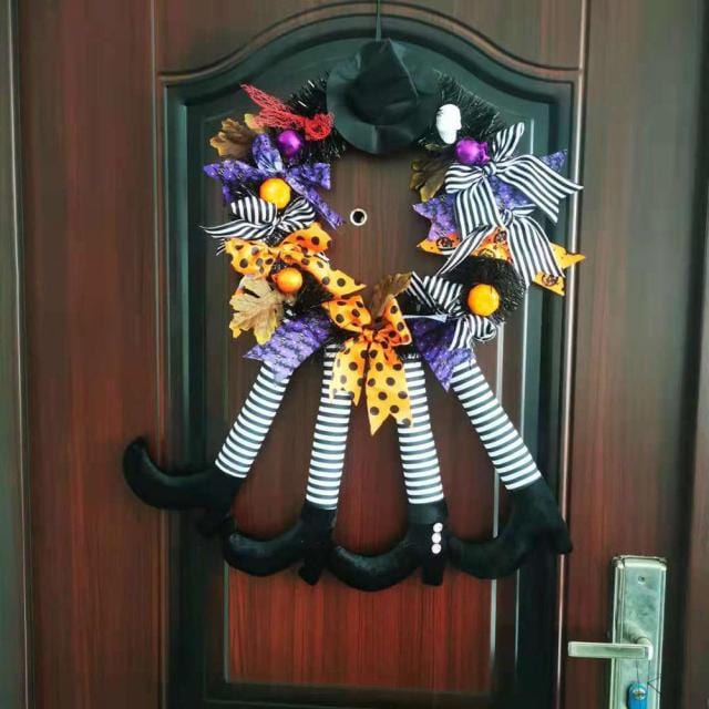 Happy Halloween Witch Hat Leg Pumpkin Door Wreath