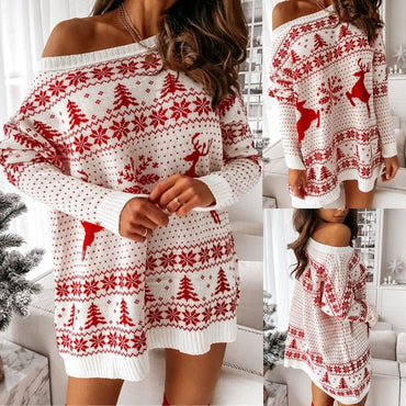 Christmas Print Off Shoulder Knitted Jumper