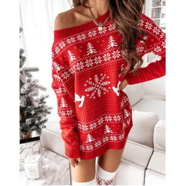 Christmas Print Off Shoulder Knitted Jumper