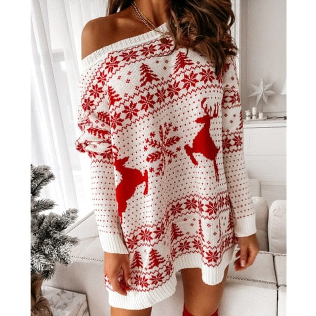 Christmas Print Off Shoulder Knitted Jumper