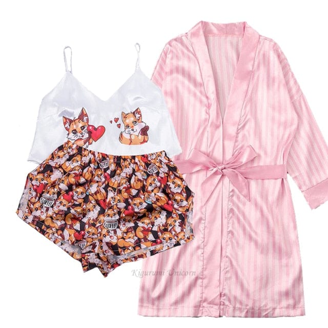 3 Piece Faux Silk Pyjama Set