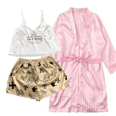 3 Piece Faux Silk Pyjama Set