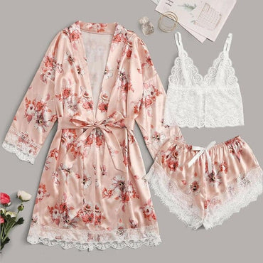 3 Piece Faux Silk Pyjama Set