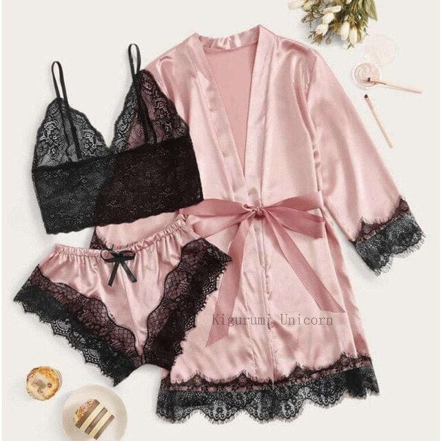 3 Piece Faux Silk Pyjama Set