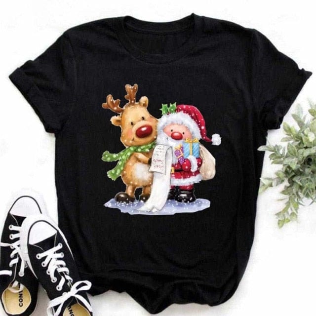 Lovely Deer Santa Printed Christmas T Shirt