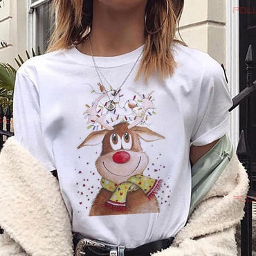 Lovely Deer Santa Printed Christmas T Shirt