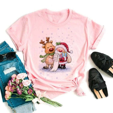 Lovely Deer Santa Printed Christmas T Shirt