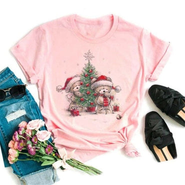 Lovely Deer Santa Printed Christmas T Shirt