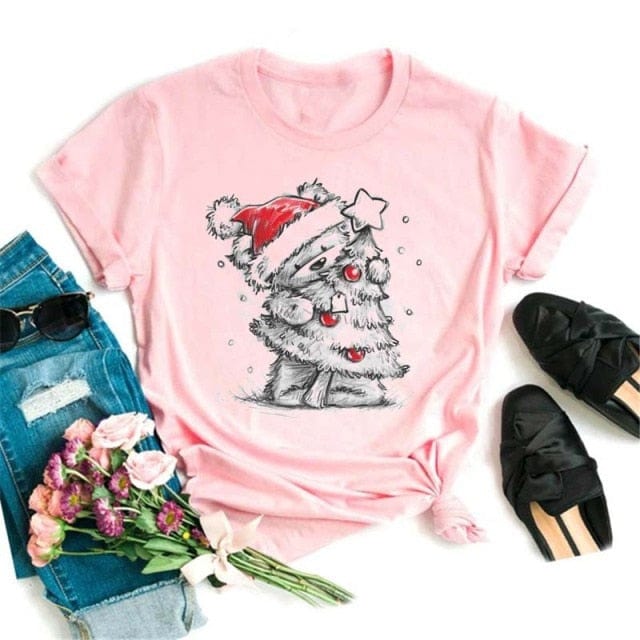 Lovely Deer Santa Printed Christmas T Shirt