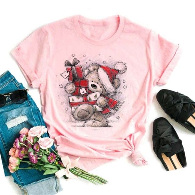 Lovely Deer Santa Printed Christmas T Shirt