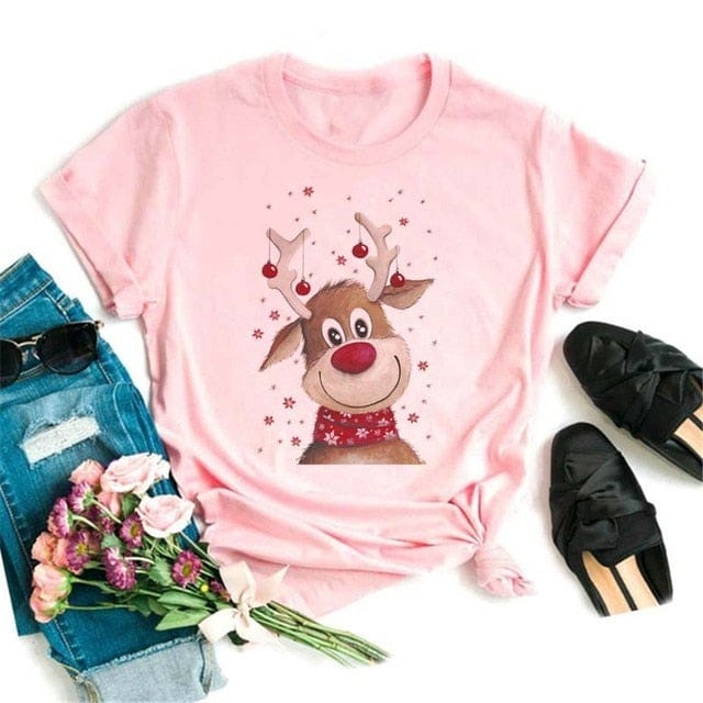 Lovely Deer Santa Printed Christmas T Shirt