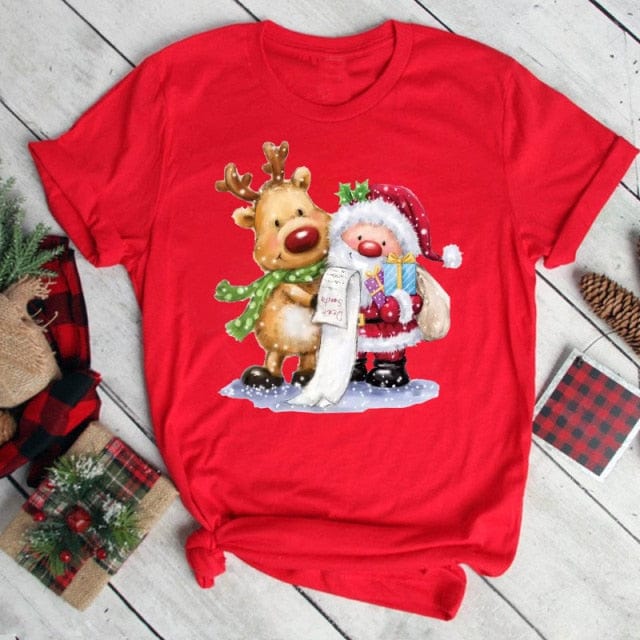 Lovely Deer Santa Printed Christmas T Shirt