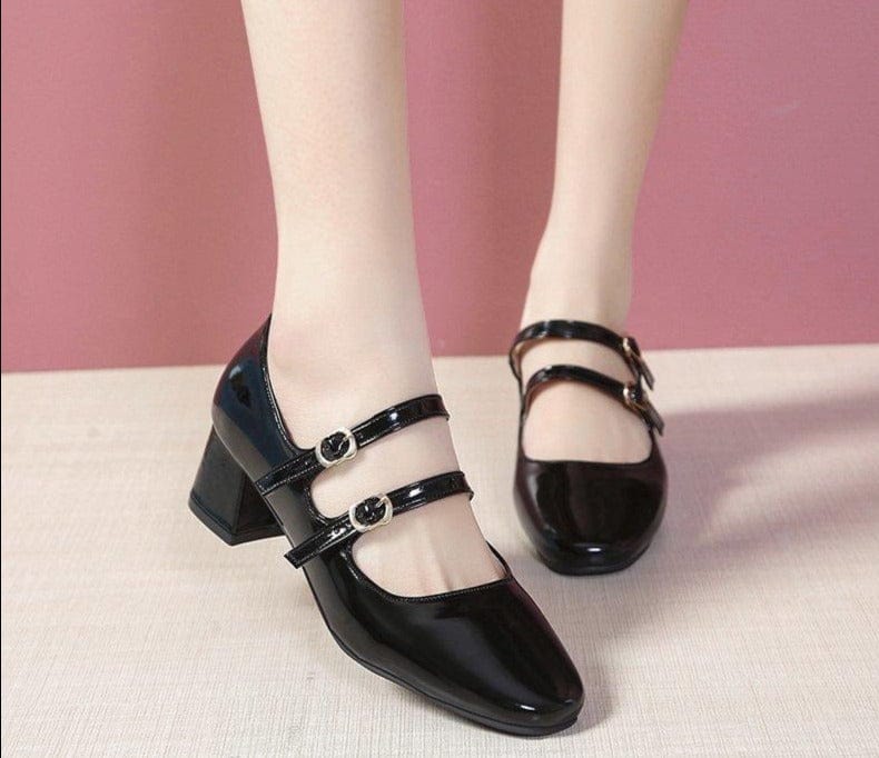 Double buckle mary jane patent leather shoes