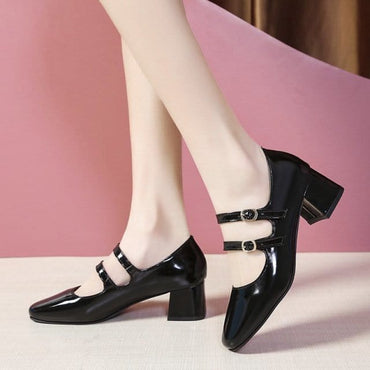 Double buckle mary jane patent leather shoes