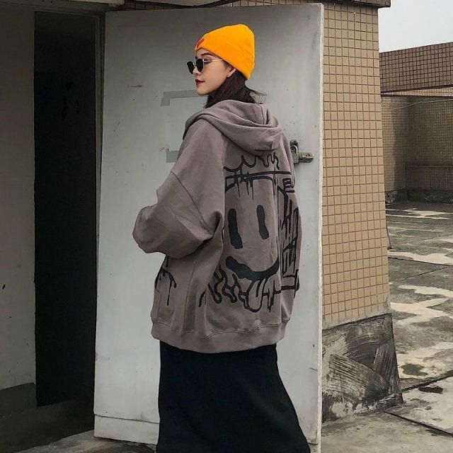 Grunge Anime Print Oversized Hoodie