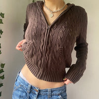 Vintage Brown Solid Hooded Cardigan