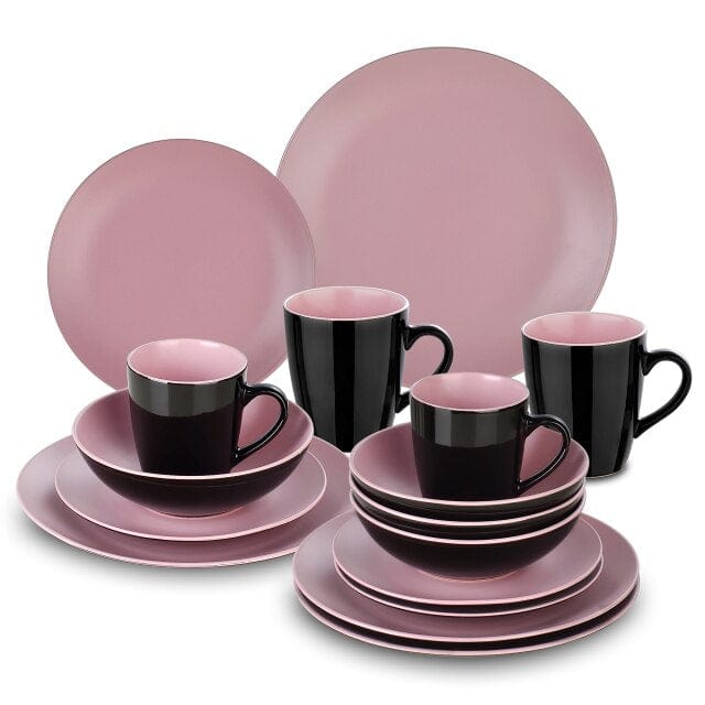 16/32/48-Piece Matte Black & Pink Crockery Set