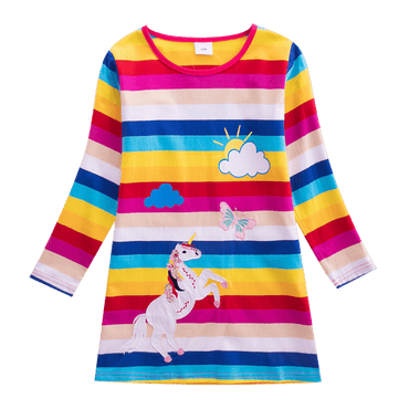 Long Sleeve Rainbow Striped Cotton Dress