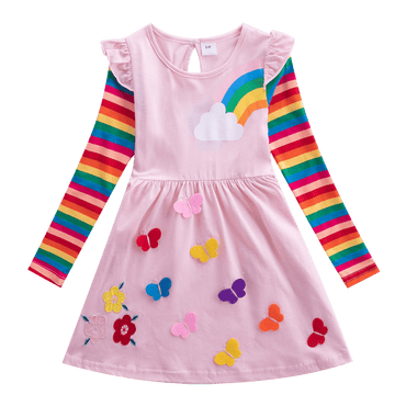 Long Sleeve Rainbow Striped Cotton Dress