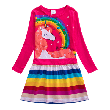 Long Sleeve Rainbow Striped Cotton Dress