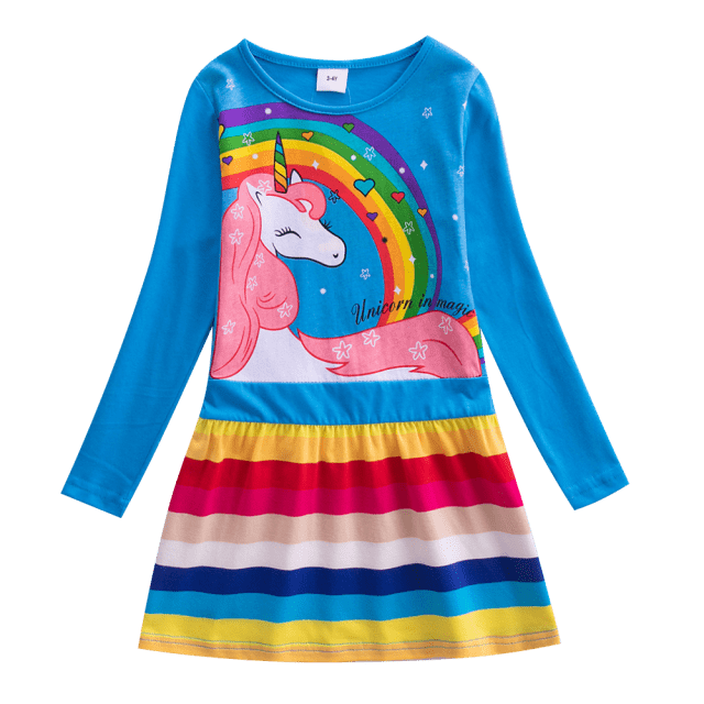 Long Sleeve Rainbow Striped Cotton Dress