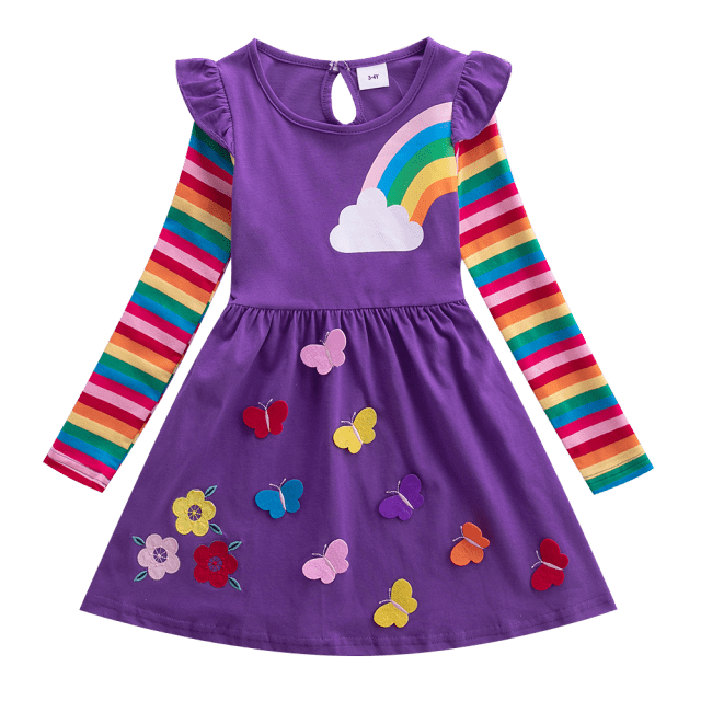 Long Sleeve Rainbow Striped Cotton Dress