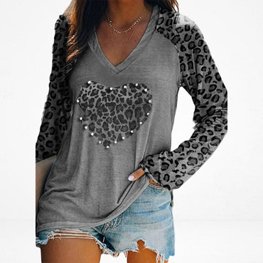 Leopard Heart Print Casual Tops