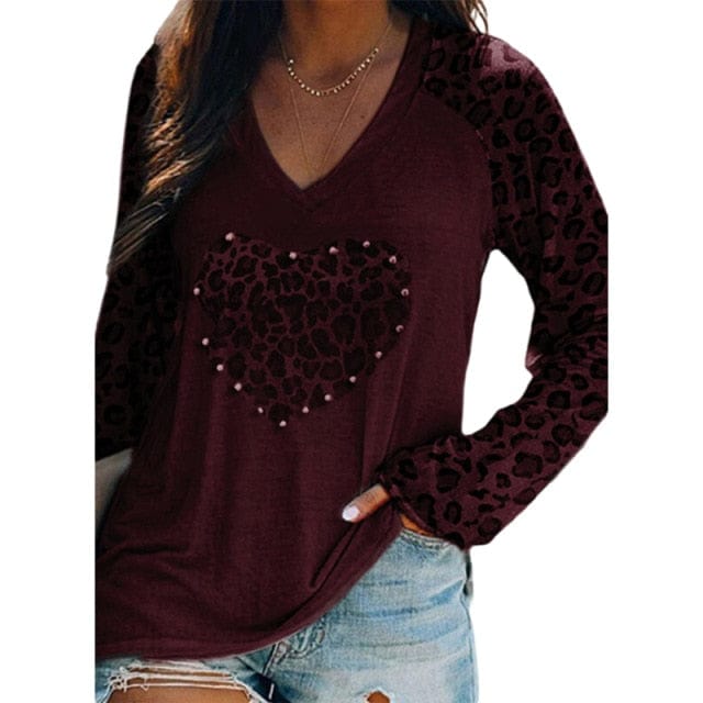 Leopard Heart Print Casual Tops