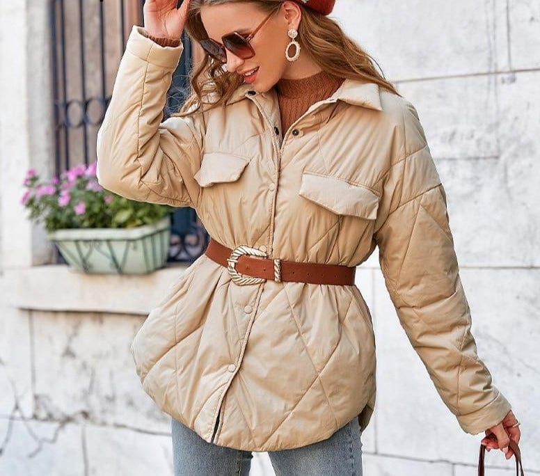 Elegant pattern button pocket winter parka coat