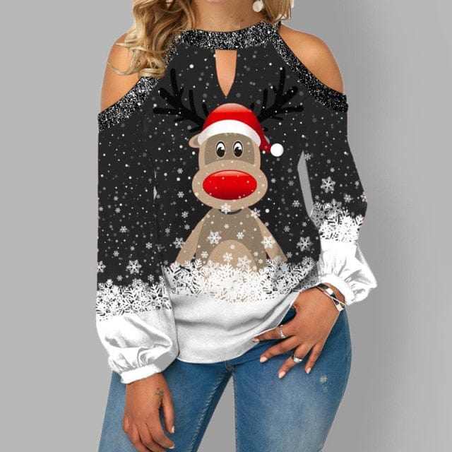 Christmas Elk Print Off Shoulder Loose Pullover