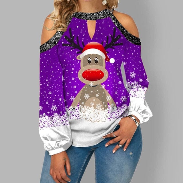 Christmas Elk Print Off Shoulder Loose Pullover