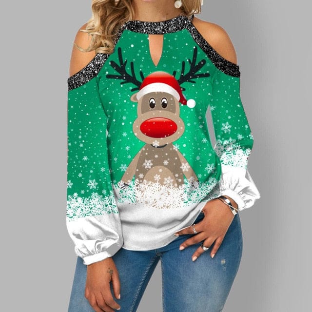 Christmas Elk Print Off Shoulder Loose Pullover