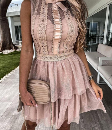 Patchwork Bowknot Lace Sleeveless Dress