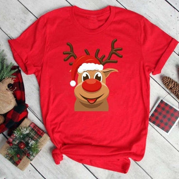 Lovely Deer Santa Printed Christmas T Shirt